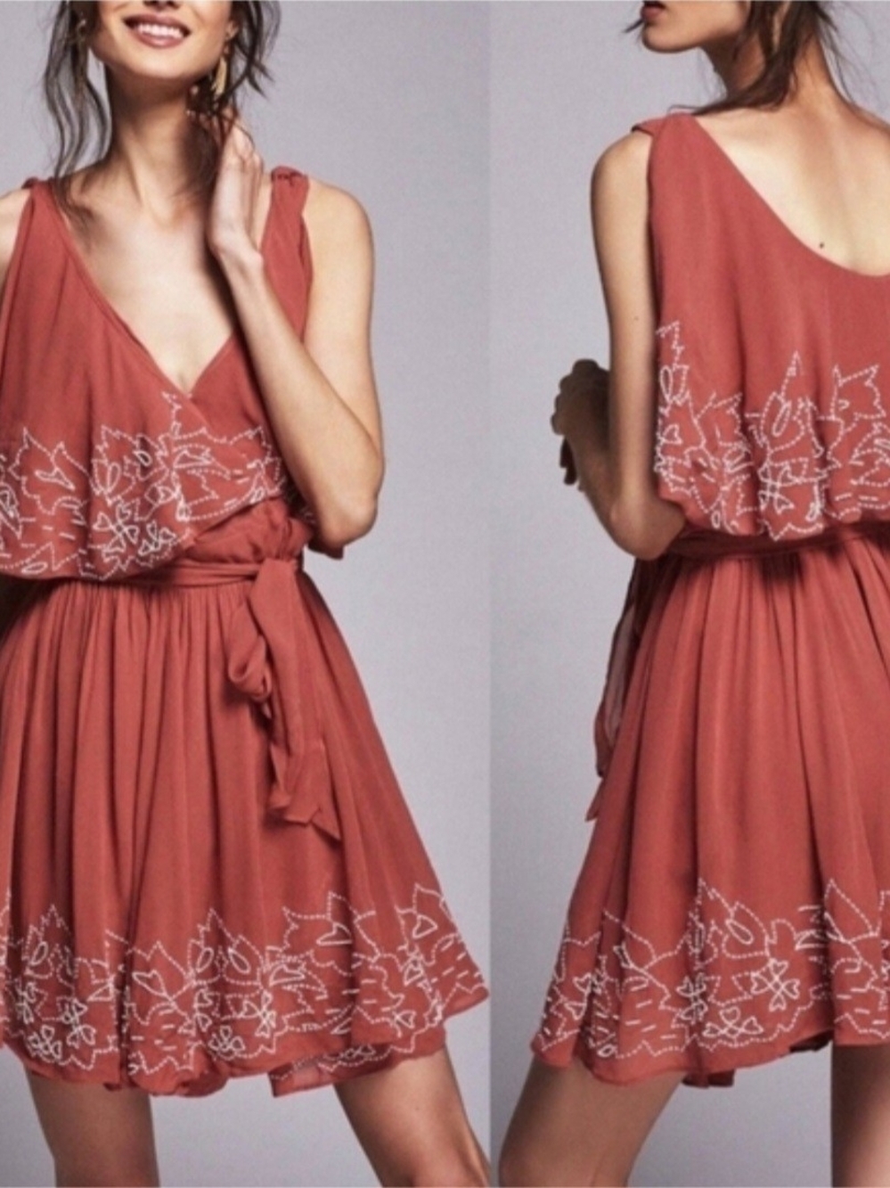 Free People Rust-Terracotta Midi Dress with White Embroidery